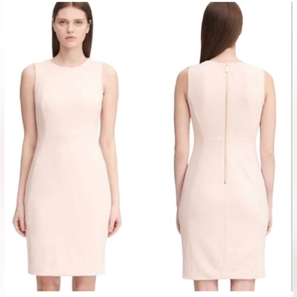 Calvin Klein Blush Sheath Dress Sz 8 Exposed Gold Zip Back Classic Stretch Midi